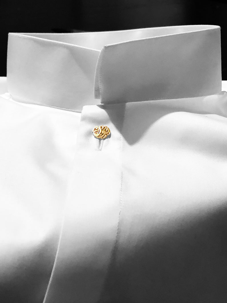 Chemise Col Indien paré: Popeline blanche et Or Jaune 18 carats